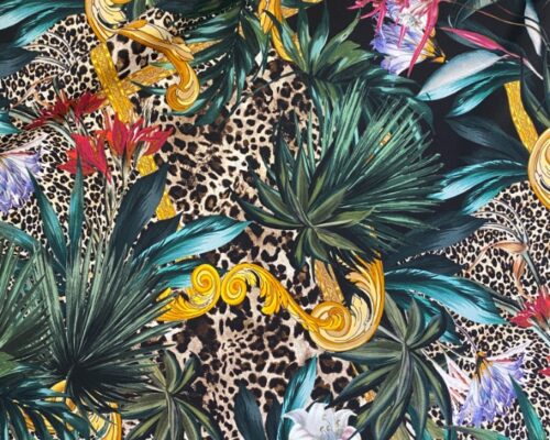 Matase naturala Dolce Gabbana imprimata cu mix animal print si plante exotice galbene