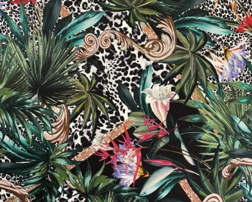 Matase naturala Dolce Gabbana imprimata cu mix animal print si plante exotice fucsia