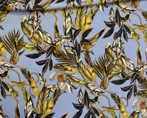 Matase naturala gri imprimata cu model floral cu frunze verzi si ciucuri aurii