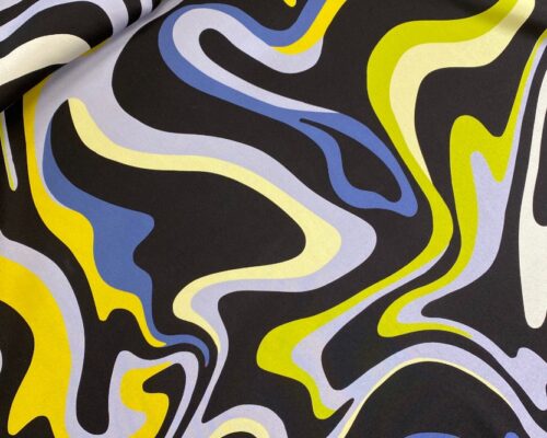 Matase naturala imprimata cu model abstract liquid albastru cu gri si galben